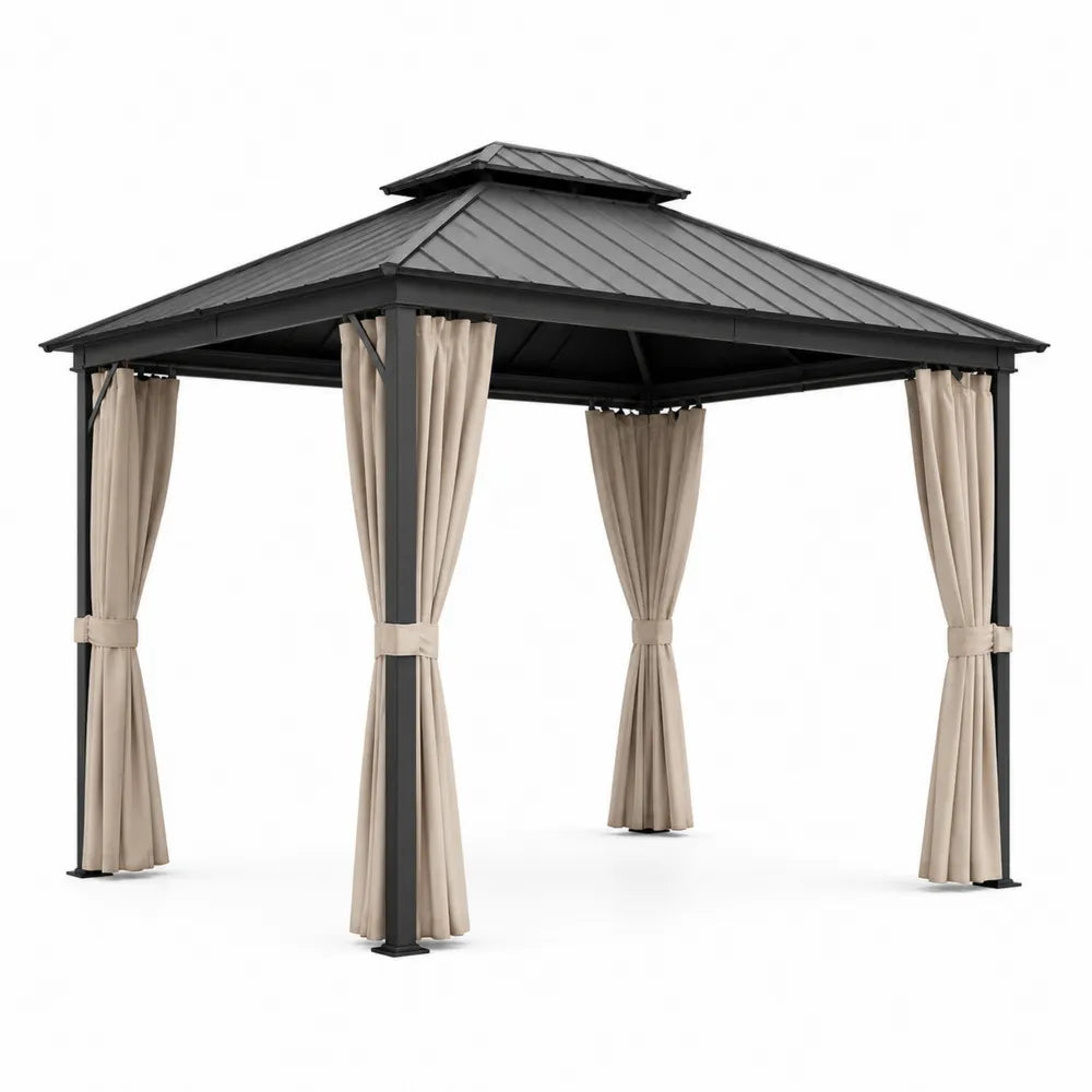 Gazebo da giardino quadrato con tetto rigido in metallo grigio antracite struttura in acciaio e tende beige 300 x 300 x 280 cm
