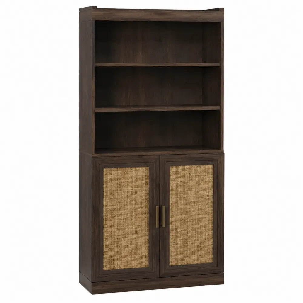 Libreria alta rettangolare in truciolare melaminico effetto noce con ripiani aperti e ante in rattan noce scuro e naturale 80 x 35 x 180 cm