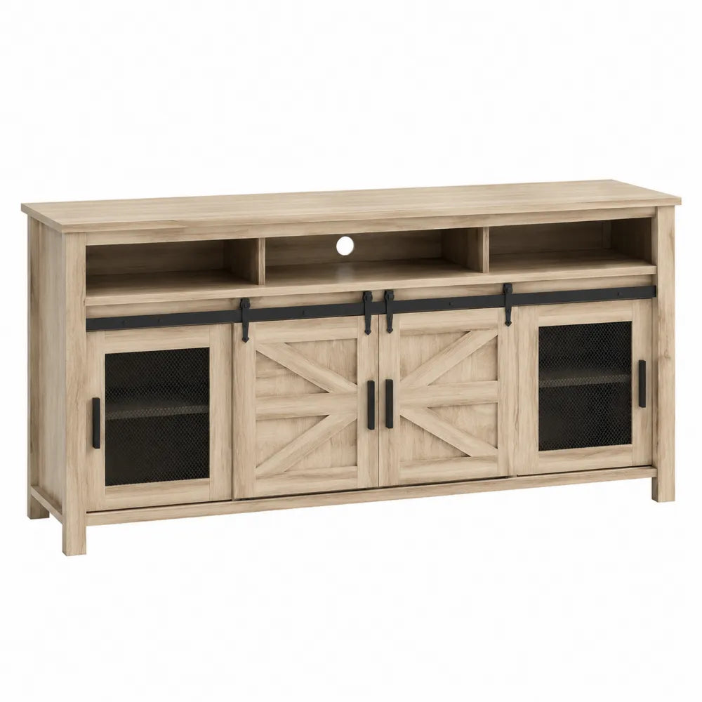 Mobile TV in MDF effetto rovere chiaro con ante scorrevoli e metallo nero 150 x 40 x 60 cm