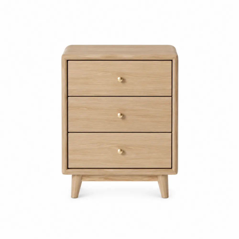 Comodino in legno effetto rovere chiaro con 3 cassetti e gambe in legno 50 x 40 x 60 cm