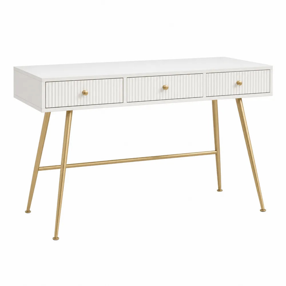 Scrivania rettangolare in MDF bianco con 3 cassetti scanalati e gambe in acciaio oro 120 x 50 x 75 cm