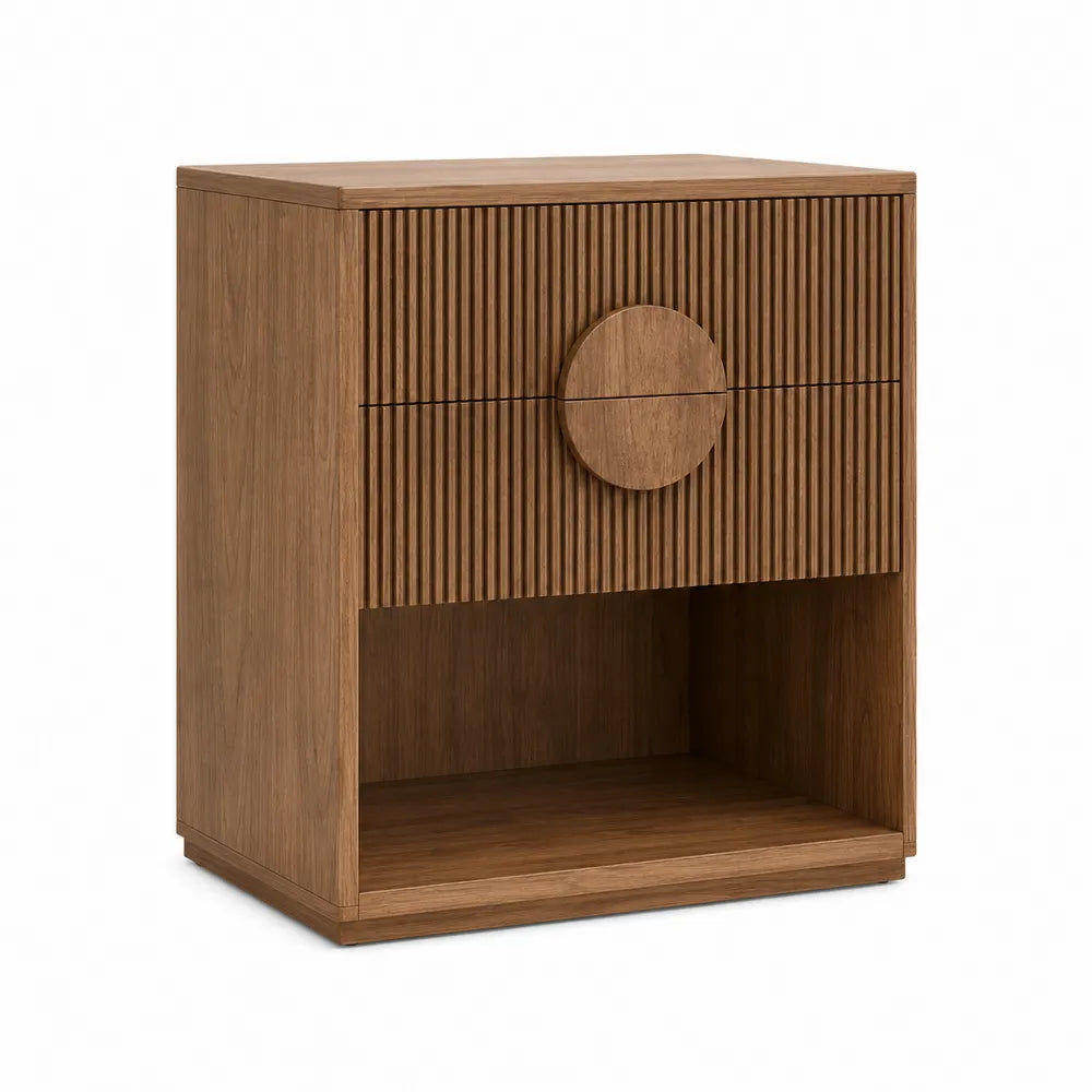 Comodino rettangolare in MDF effetto rovere naturale 45 x 40 x 55 cm con frontale scanalato due cassetti e vano aperto