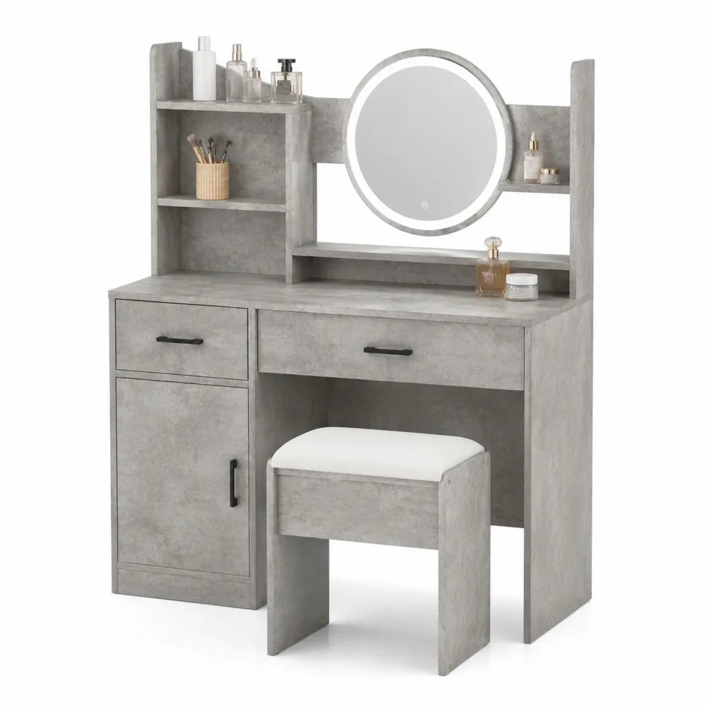 Toeletta trucco rettangolare con specchio LED rotondo sgabello cassetti e ripiani in pannello effetto cemento grigio 110 x 40 x 135 cm