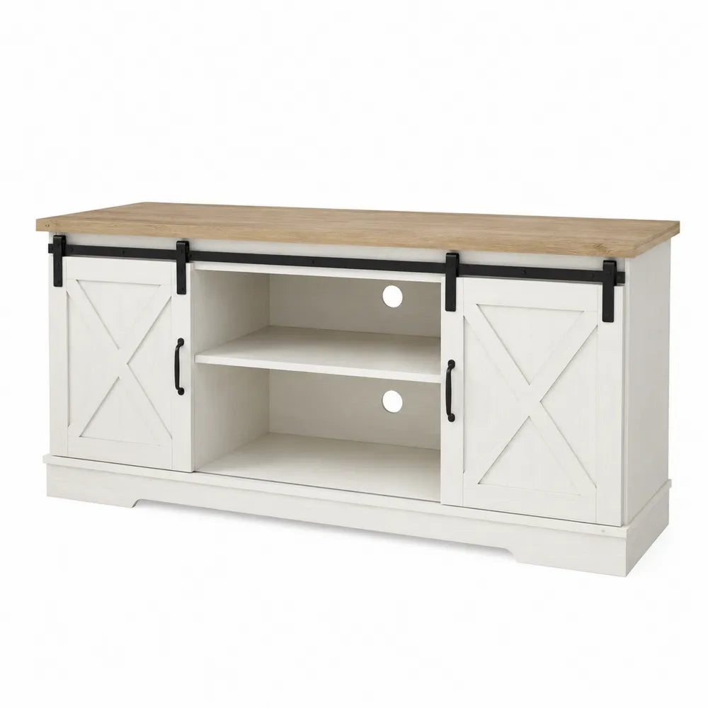 Mobile TV in MDF bianco con piano effetto rovere naturale ante scorrevoli e binario nero 150 x 40 x 60 cm