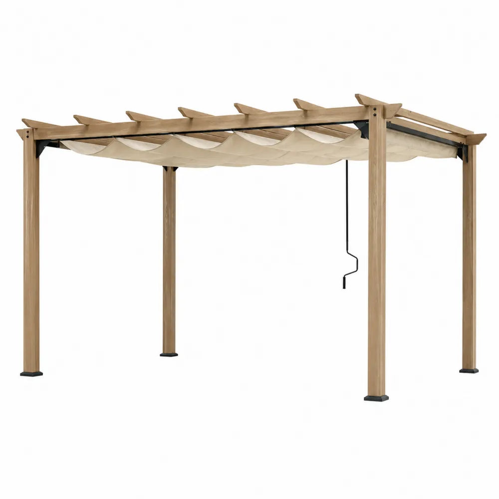 Pergola da giardino in legno con telo parasole retrattile struttura con pali in legno e rinforzi in metallo colore naturale e beige