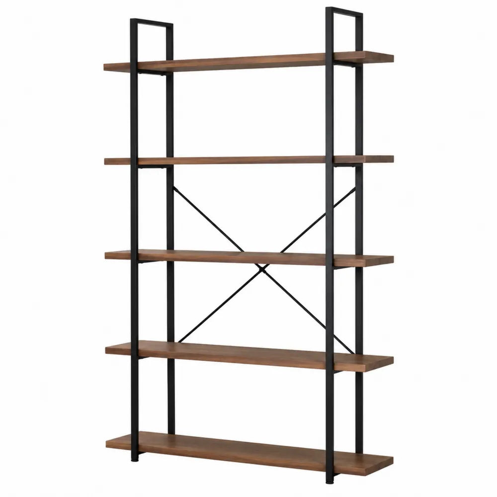 Libreria scaffale a giorno rettangolare in acciaio verniciato nero e MDF effetto noce con 5 ripiani 80 x 35 x 180 cm