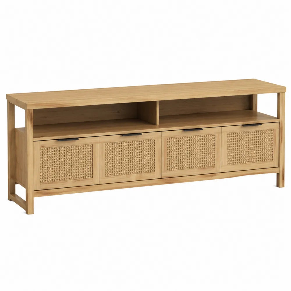 Mobile TV rettangolare in MDF effetto rovere chiaro con ante scorrevoli in rattan e vani aperti 160 x 40 x 60 cm