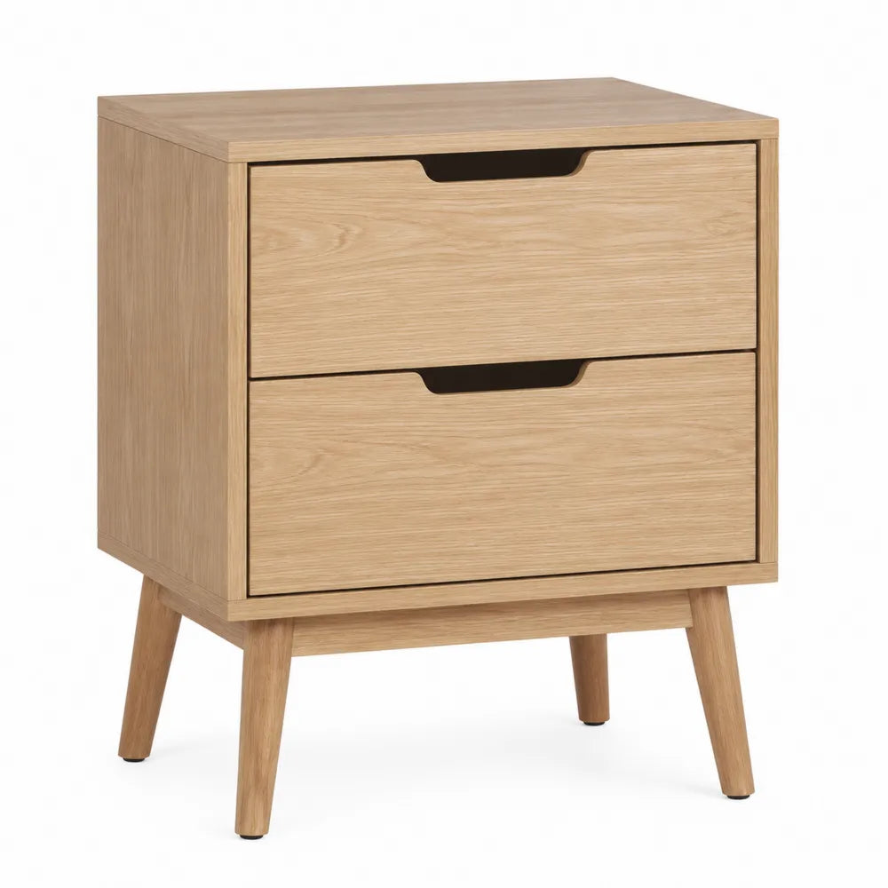 Comodino con 2 cassetti in legno effetto rovere chiaro con gambe in legno massello 50 x 40 x 55 cm