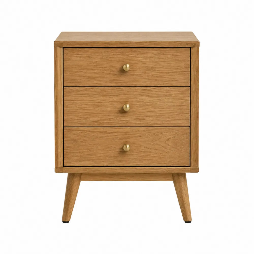 Comodino rettangolare a 3 cassetti in MDF effetto rovere naturale 50 x 40 x 60 cm con gambe in legno e pomelli in metallo dorato