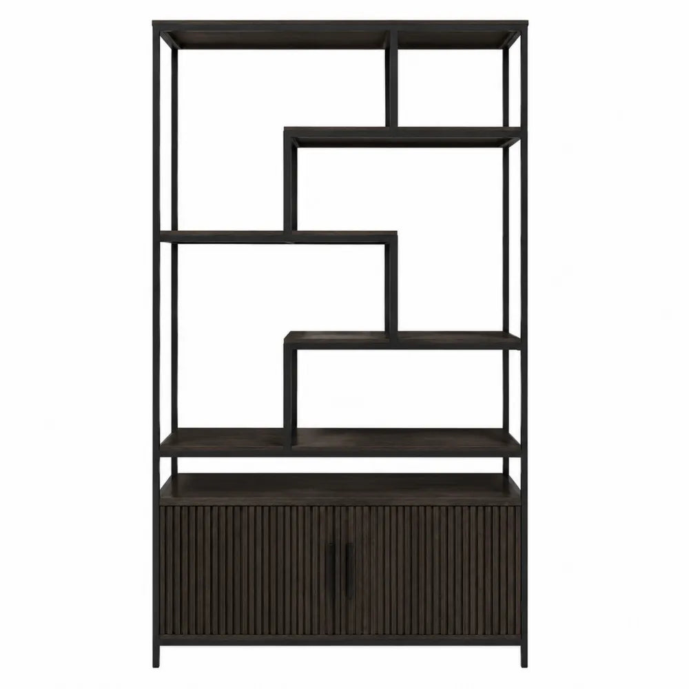 Libreria scaffale industriale in metallo nero e legno scuro con struttura asimmetrica e mobile base 80 x 35 x 180 cm