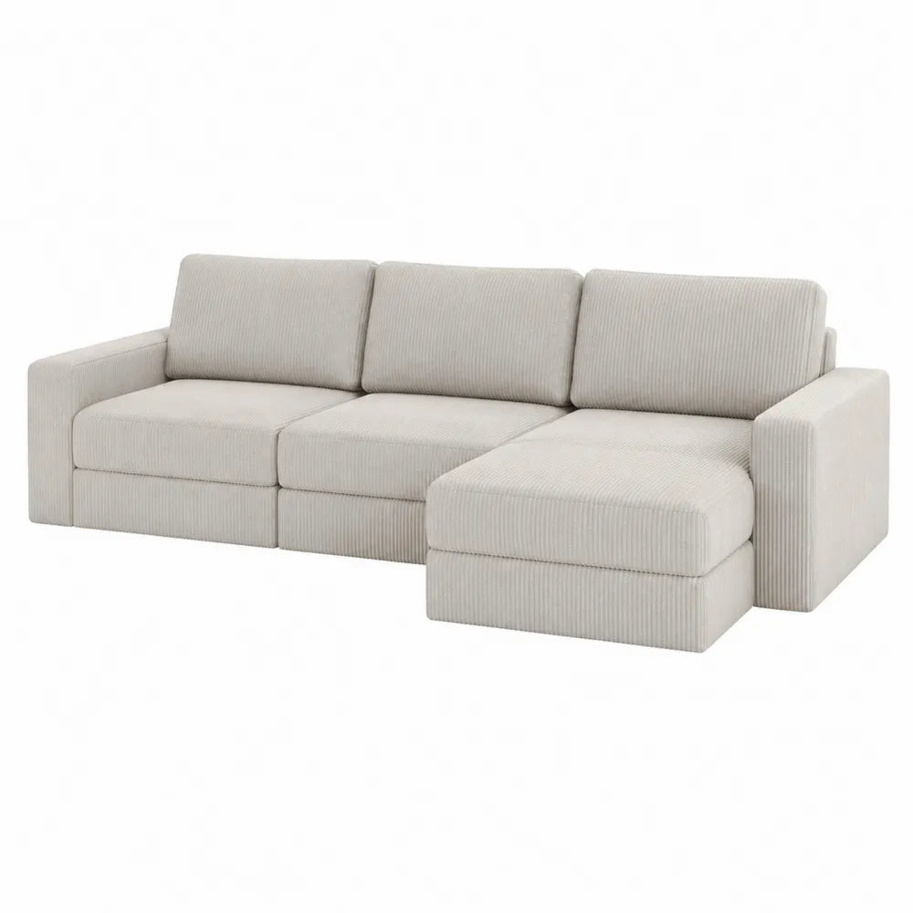 Divano modulare 3 posti con chaise longue destra in velluto a coste poliestere crema chiaro 260 x 160 x 85 cm