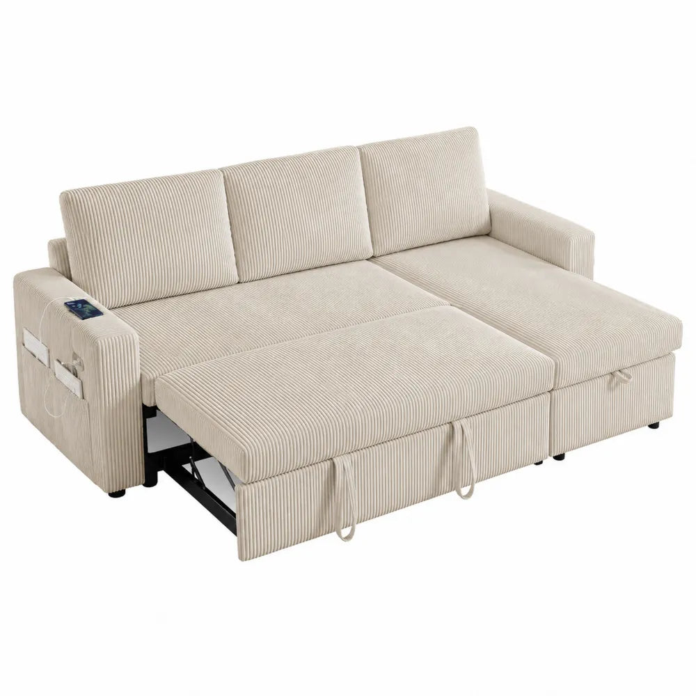 Divano letto estraibile con chaise longue laterale e porta USB in tessuto a coste colore beige struttura in legno e metallo 200 cm x 90 cm x 85 cm
