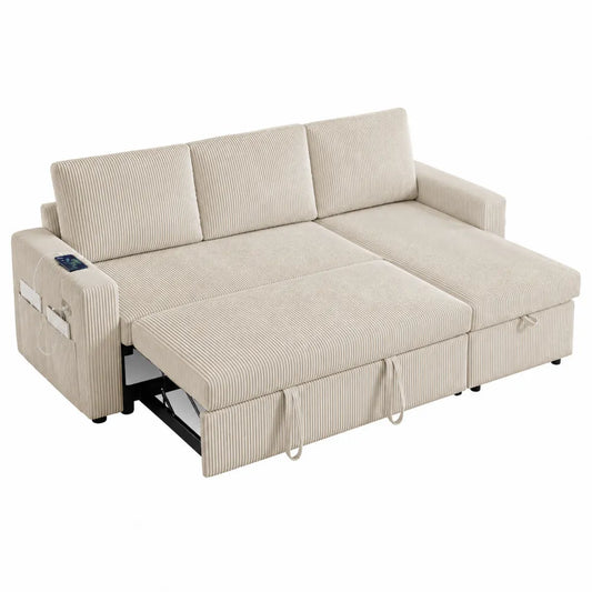 Divano letto estraibile con chaise longue laterale e porta USB in tessuto a coste colore beige struttura in legno e metallo 200 cm x 90 cm x 85 cm
