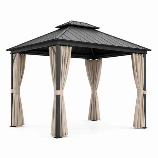 Gazebo da giardino quadrato con tetto rigido in metallo grigio antracite struttura in acciaio e tende beige 300 x 300 x 280 cm