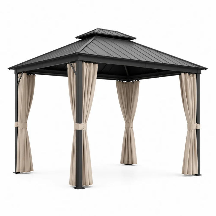 Gazebo da giardino quadrato con tetto rigido in metallo grigio antracite struttura in acciaio e tende beige 300 x 300 x 280 cm