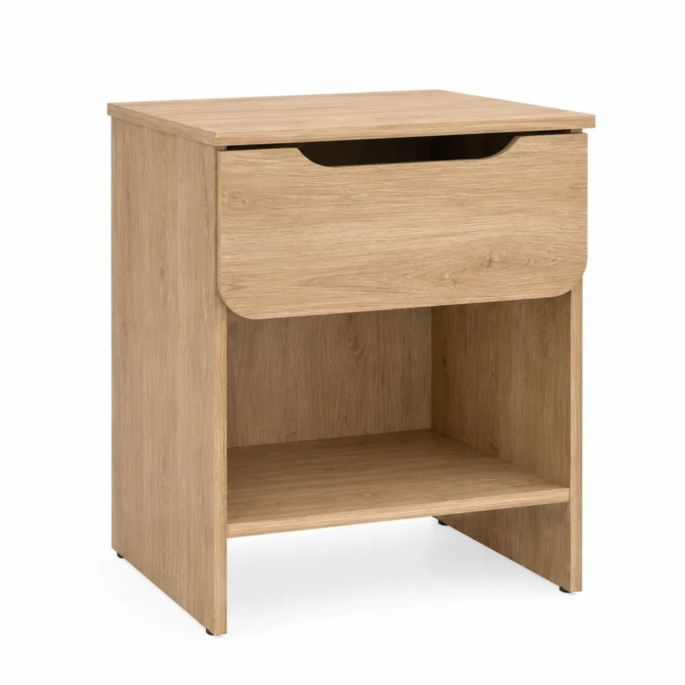 Comodino rettangolare in MDF effetto rovere naturale 40 x 35 x 55 cm con cassetto superiore vano aperto inferiore e piedini neri