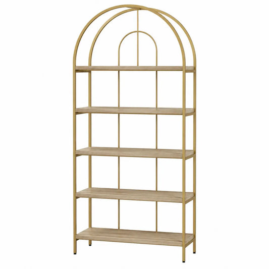 Libreria scaffale in metallo dorato con ripiani in legno e struttura ad arco 80 x 35 x 180 cm colore oro e legno naturale