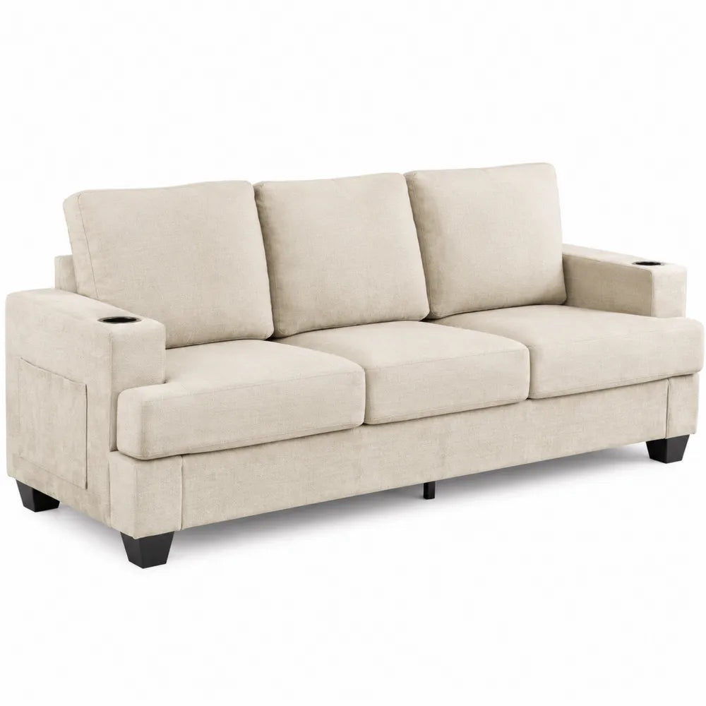 Divano 3 posti imbottito in tessuto poliestere beige con portabicchieri e piedini neri 205 x 85 x 85 cm