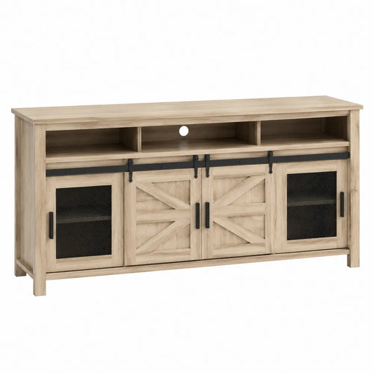 Mobile TV in MDF effetto rovere chiaro con ante scorrevoli e metallo nero 150 x 40 x 60 cm