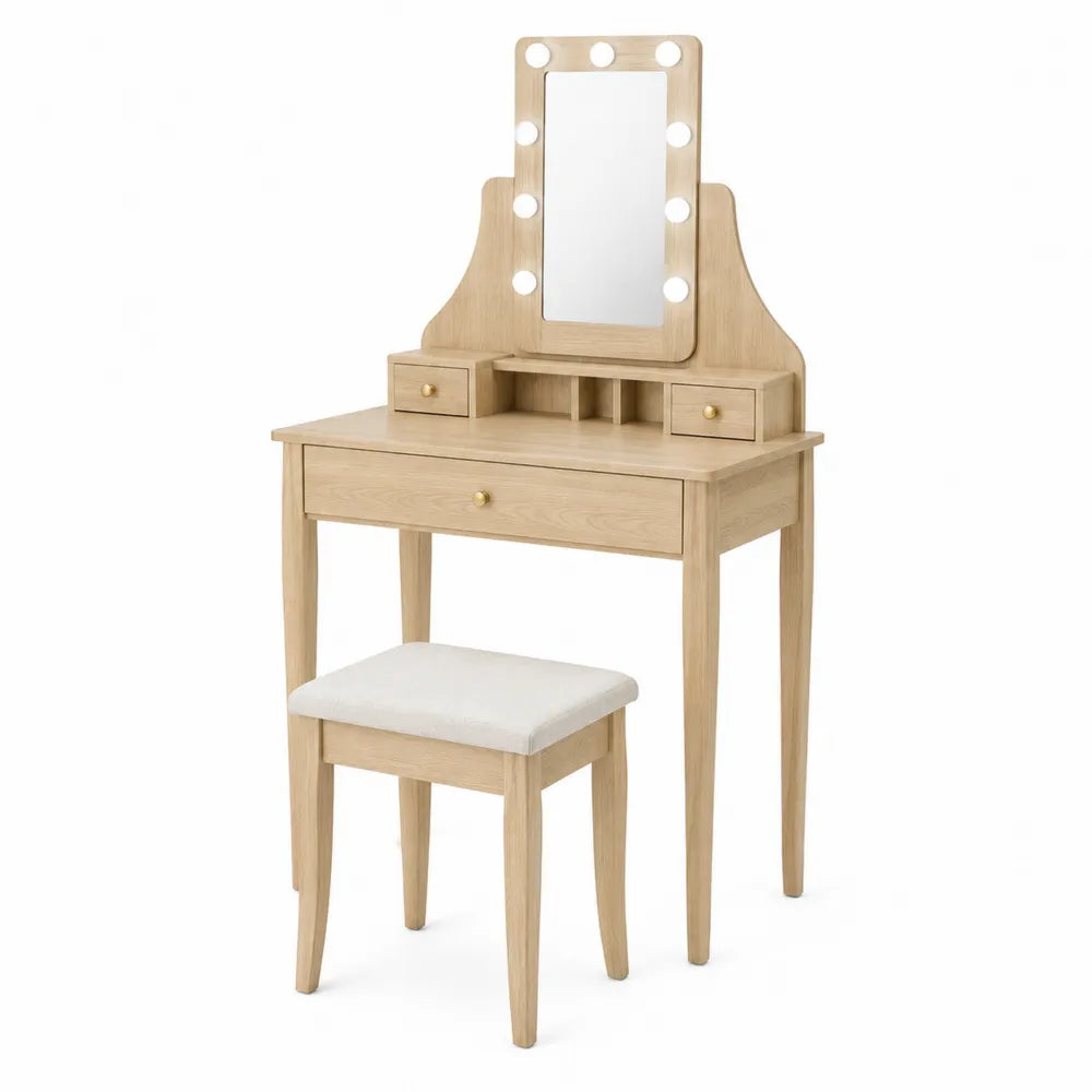 Toeletta trucco in legno effetto rovere naturale con specchio LED e sgabello imbottito 80 x 40 x 135 cm