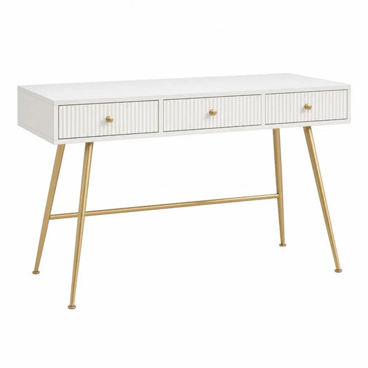 Scrivania rettangolare in MDF bianco con 3 cassetti scanalati e gambe in acciaio oro 120 x 50 x 75 cm