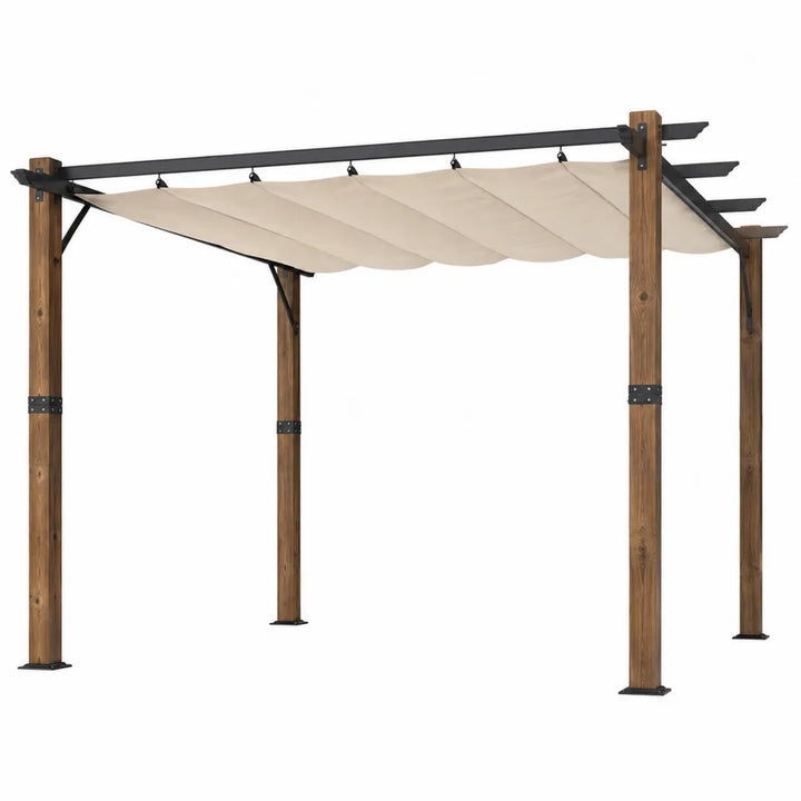 Pergola da giardino in legno con telo retrattile beige struttura in acciaio e legno 300 x 300 x 230 cm
