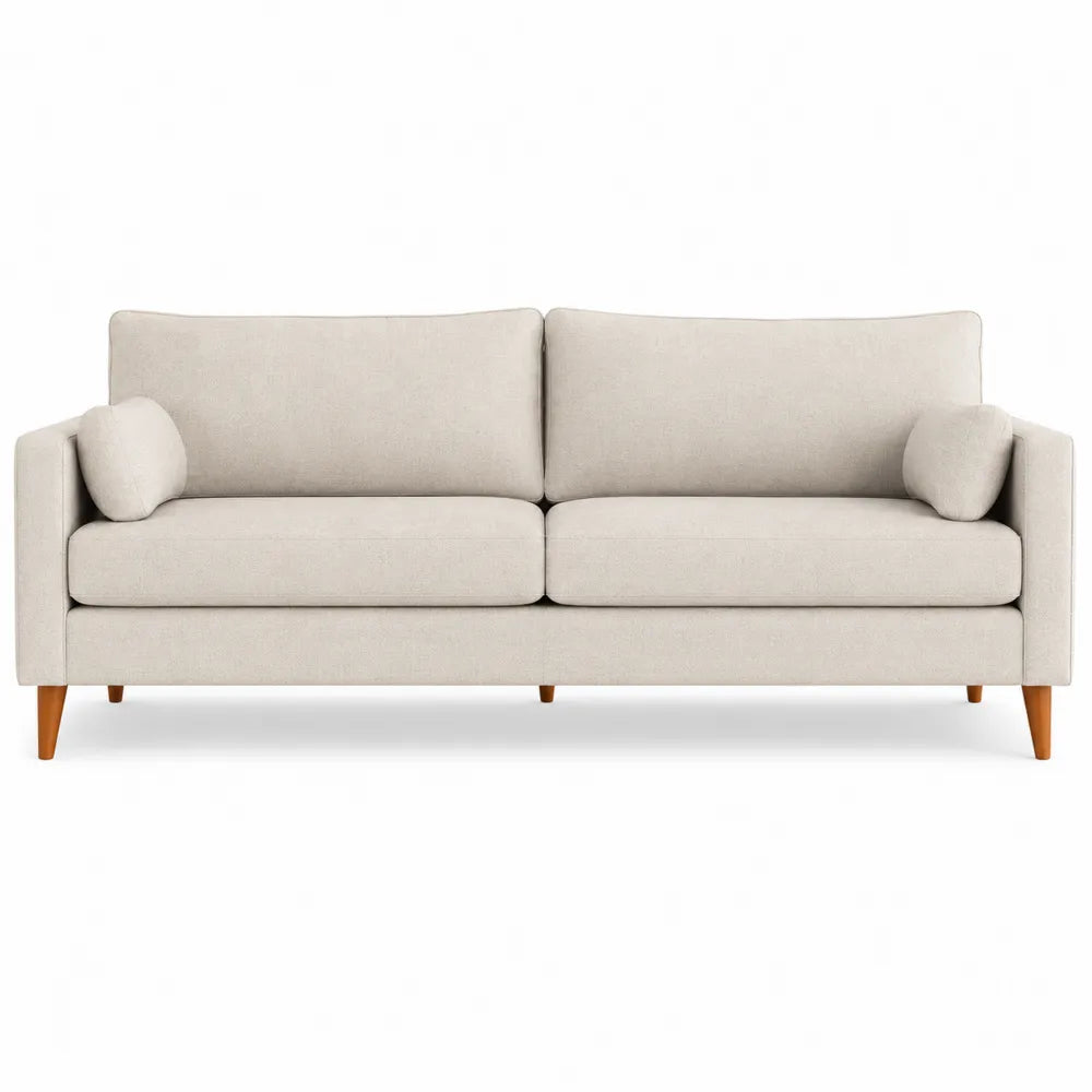 Divano 3 posti imbottito in tessuto poliestere beige con gambe in legno naturale 210 x 90 x 85 cm