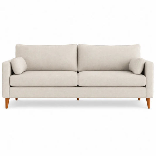 Divano 3 posti imbottito in tessuto poliestere beige con gambe in legno naturale 210 x 90 x 85 cm