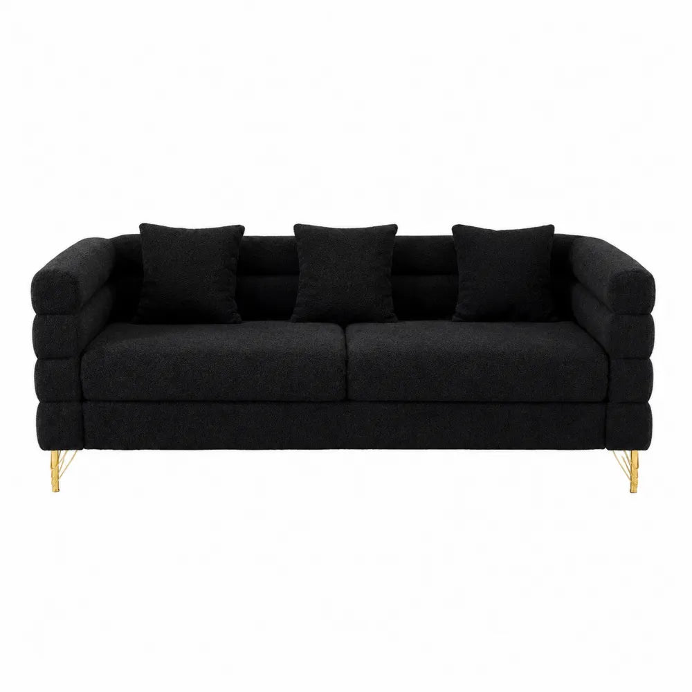 Divano 3 posti imbottito in tessuto poliestere effetto bouclé nero con gambe in metallo dorato 210 x 90 x 85 cm