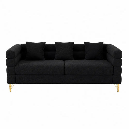 Divano 3 posti imbottito in tessuto poliestere effetto bouclé nero con gambe in metallo dorato 210 x 90 x 85 cm