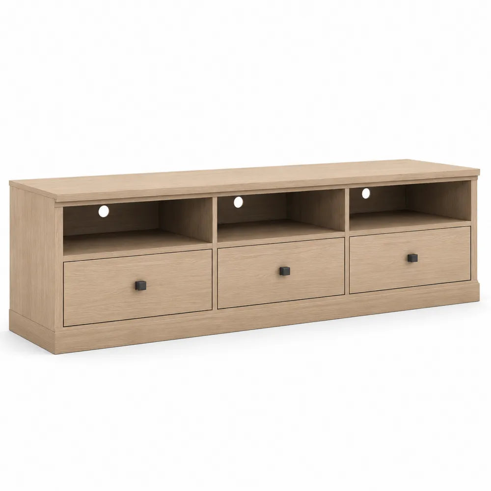 Mobile TV basso in truciolato effetto rovere chiaro con 3 cassetti e 3 vani aperti 180 x 40 x 50 cm