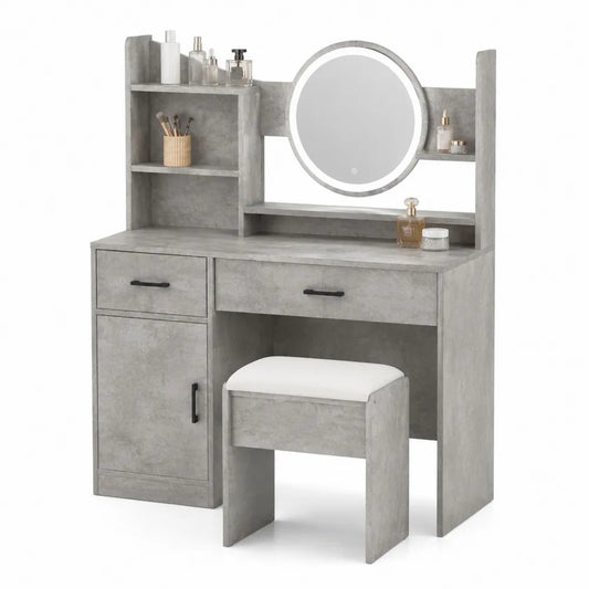 Toeletta trucco rettangolare con specchio LED rotondo sgabello cassetti e ripiani in pannello effetto cemento grigio 110 x 40 x 135 cm