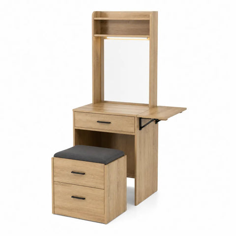 Toeletta trucco in legno effetto rovere chiaro con specchio e luce LED sgabello contenitore 90 x 40 x 140 cm