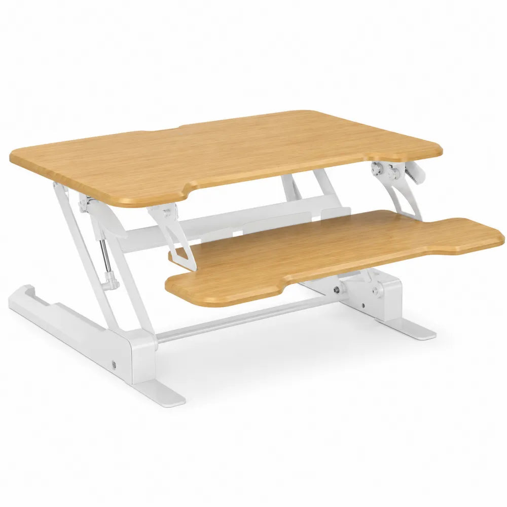 Scrivania regolabile sit stand convertitore in MDF bianco e legno naturale con doppio piano 80 x 60 cm