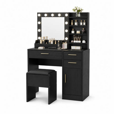 Toeletta trucco rettangolare con specchio LED a lampadine sgabello cassetti ripiani e armadietto in pannello nero 120 x 40 x 140 cm
