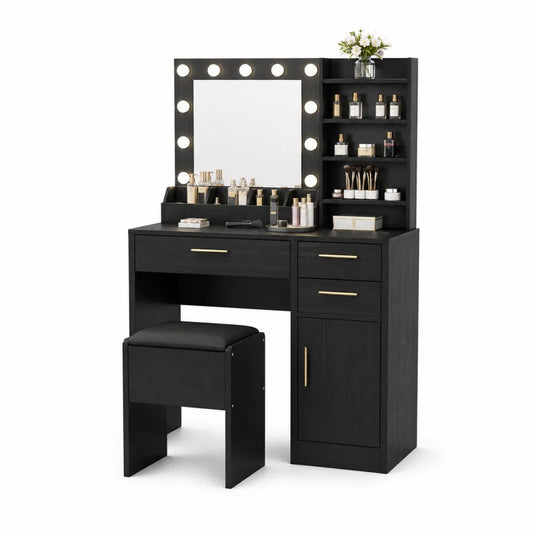 Toeletta trucco rettangolare con specchio LED a lampadine sgabello cassetti ripiani e armadietto in pannello nero 120 x 40 x 140 cm