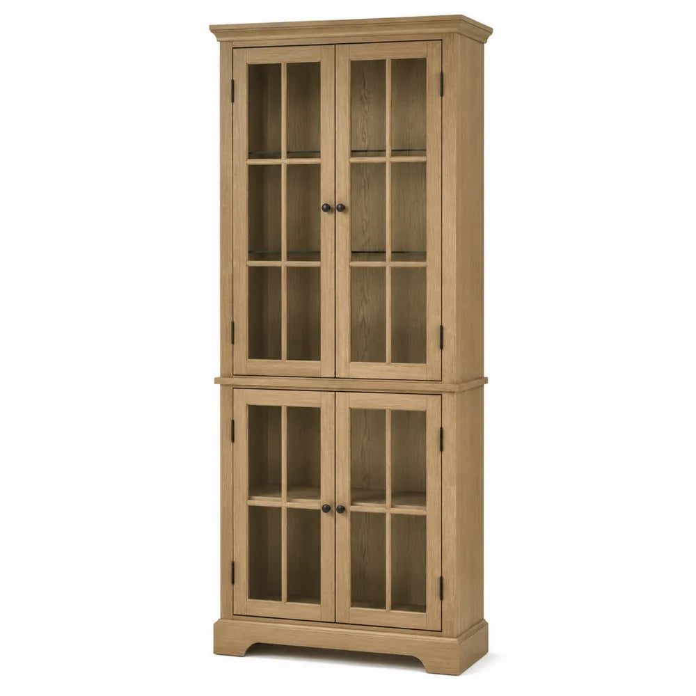 Libreria vetrina alta rettangolare in MDF effetto rovere con 4 ante in vetro trasparente rovere chiaro e nero 80 x 35 x 180 cm