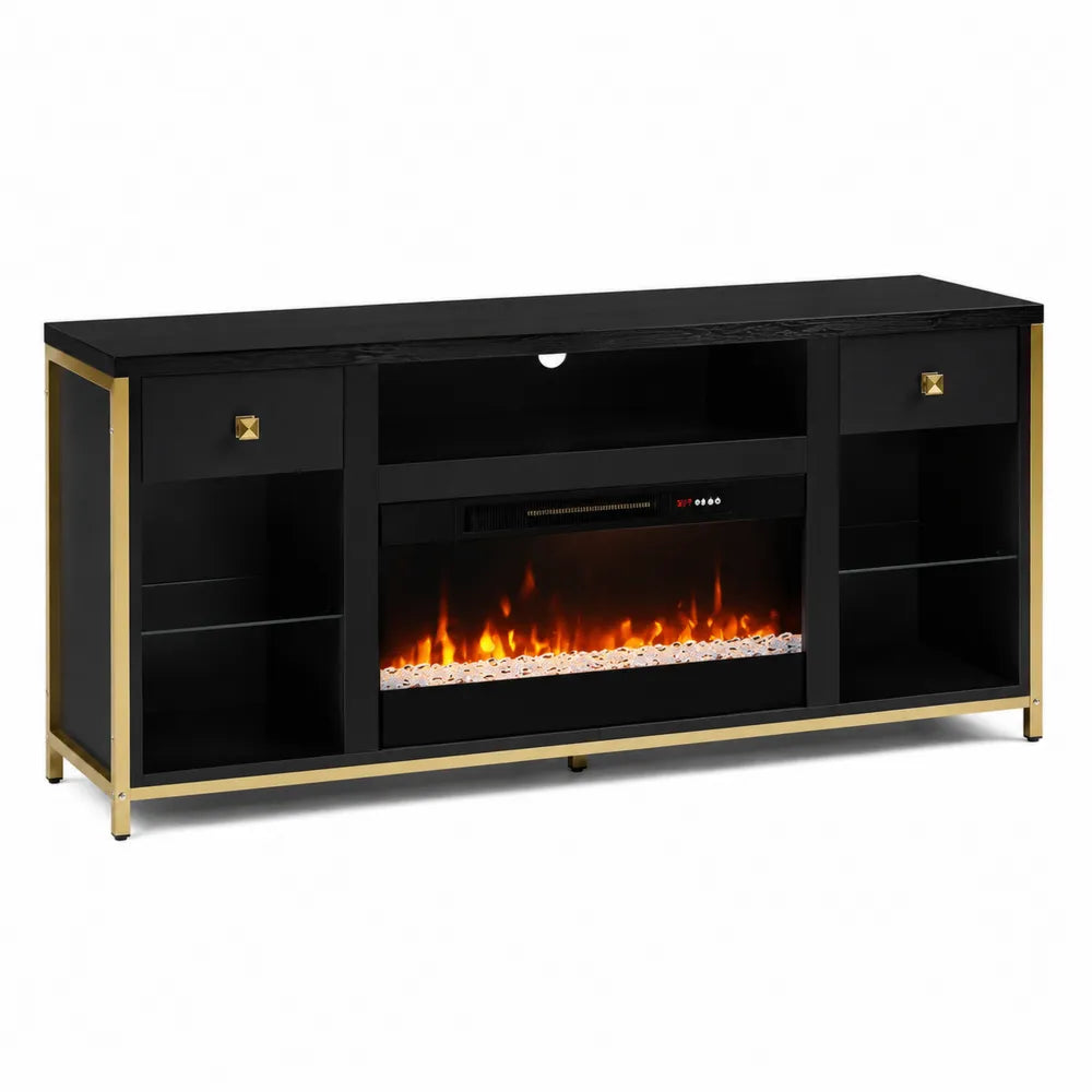 Mobile TV rettangolare con camino elettrico integrato in MDF nero con profili in acciaio dorato 2 cassetti e vani aperti 180 x 40 x 75 cm