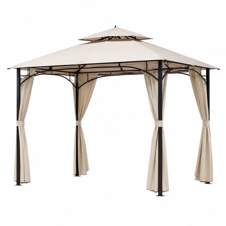 Gazebo da giardino quadrato con struttura in acciaio nero tetto doppio in poliestere beige e tende laterali 300 x 300 x 280 cm