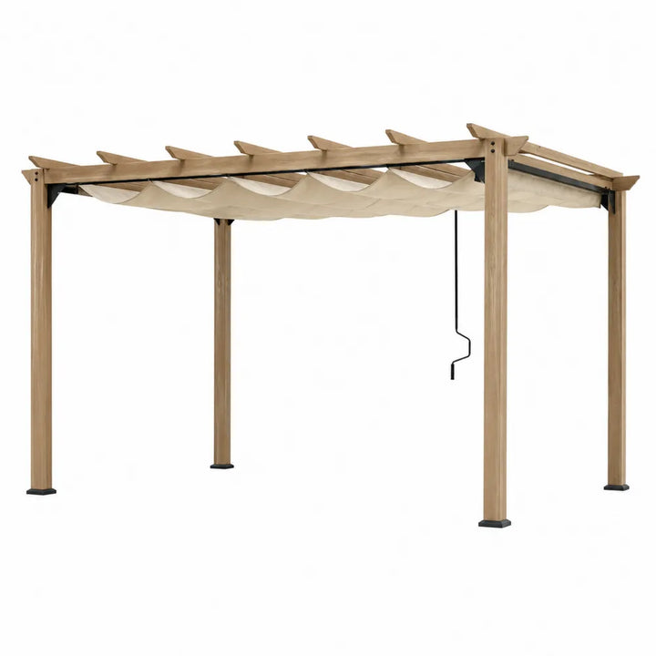 Pergola da giardino in legno con telo parasole retrattile struttura con pali in legno e rinforzi in metallo colore naturale e beige