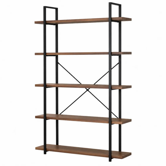 Libreria scaffale a giorno rettangolare in acciaio verniciato nero e MDF effetto noce con 5 ripiani 80 x 35 x 180 cm