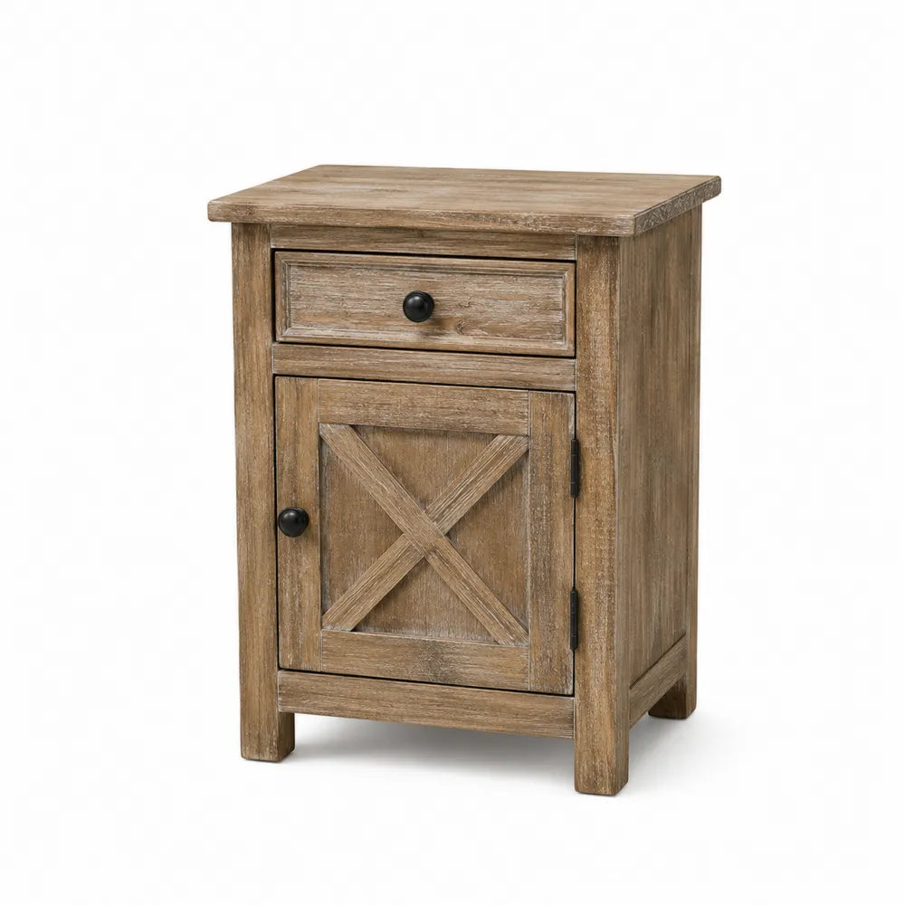 Comodino rettangolare in MDF e truciolare effetto rovere naturale 45 x 40 x 55 cm con cassetto anta con motivo a croce e maniglie nere