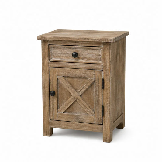 Comodino rettangolare in MDF e truciolare effetto rovere naturale 45 x 40 x 55 cm con cassetto anta con motivo a croce e maniglie nere