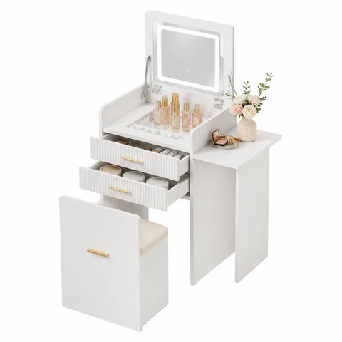 Toeletta trucco rettangolare con specchio LED ribaltabile sgabello contenitore cassetti e ripiano laterale in MDF bianco 90 x 40 x 140 cm