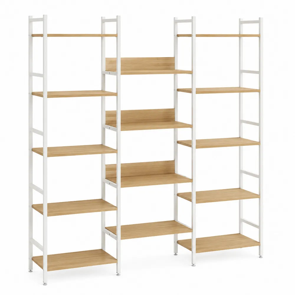 Libreria scaffale modulare a giorno in acciaio verniciato bianco e MDF effetto rovere con 3 colonne 180 x 30 x 180 cm