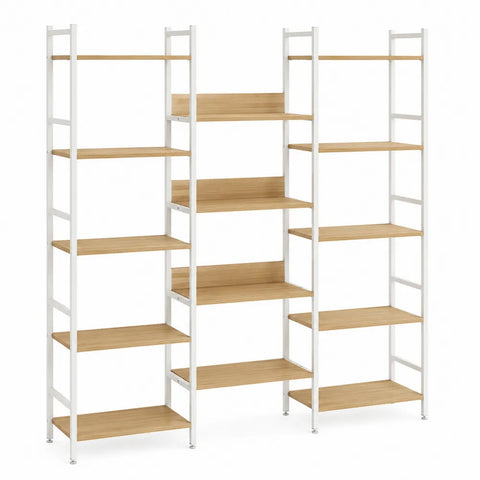 Libreria scaffale modulare a giorno in acciaio verniciato bianco e MDF effetto rovere con 3 colonne 180 x 30 x 180 cm