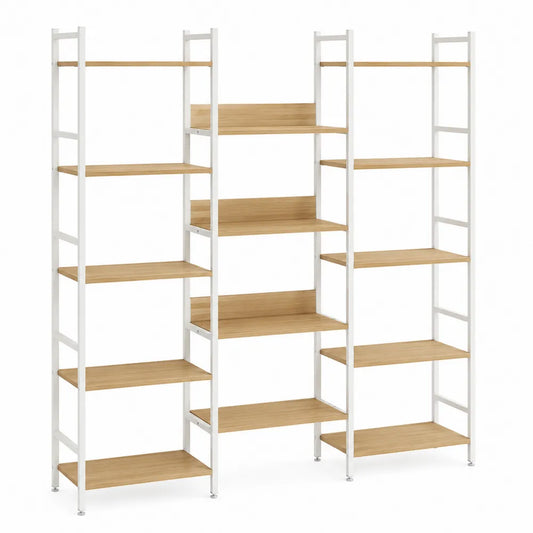 Libreria scaffale modulare a giorno in acciaio verniciato bianco e MDF effetto rovere con 3 colonne 180 x 30 x 180 cm