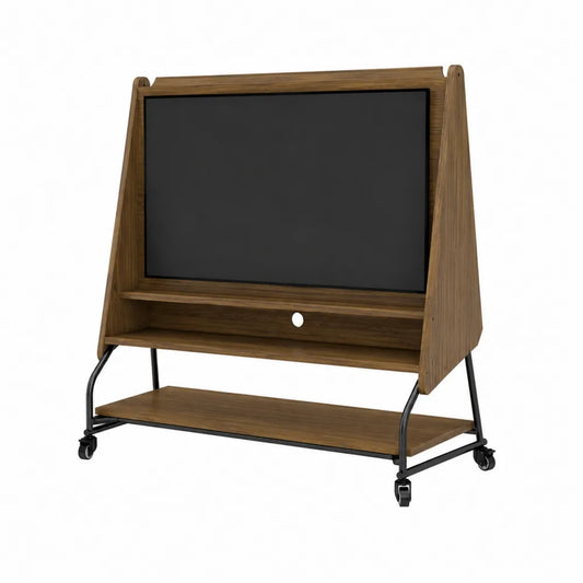 Mobile porta TV inclinato in MDF effetto legno marrone con struttura in metallo nero ruote e ripiano inferiore 120 x 40 x 130 cm