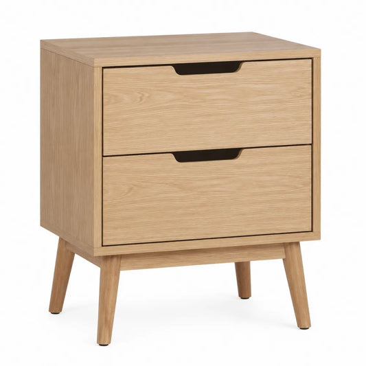 Comodino con 2 cassetti in legno effetto rovere chiaro con gambe in legno massello 50 x 40 x 55 cm