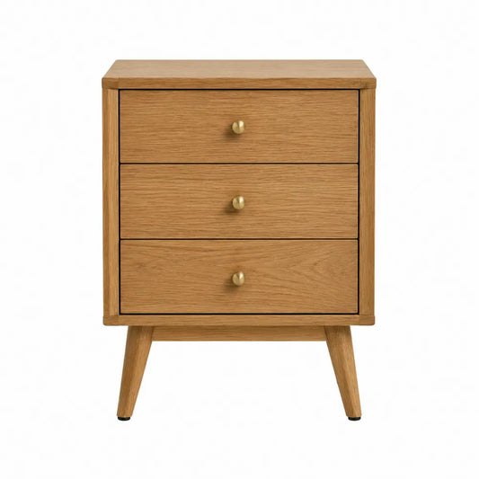 Comodino rettangolare a 3 cassetti in MDF effetto rovere naturale 50 x 40 x 60 cm con gambe in legno e pomelli in metallo dorato